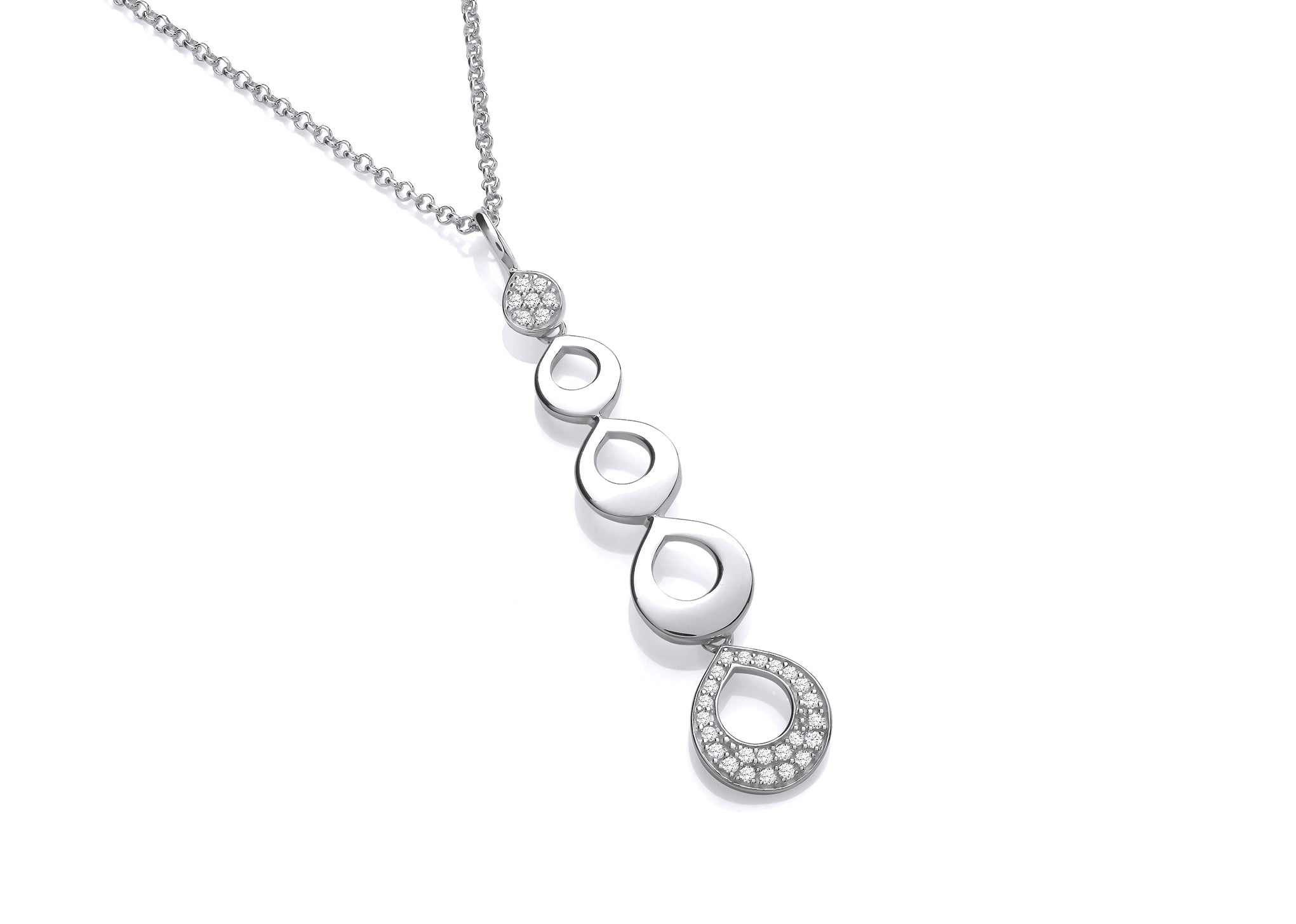 Silver 4-Ring Cubic Zirconia Set Drop Pendant on Chain