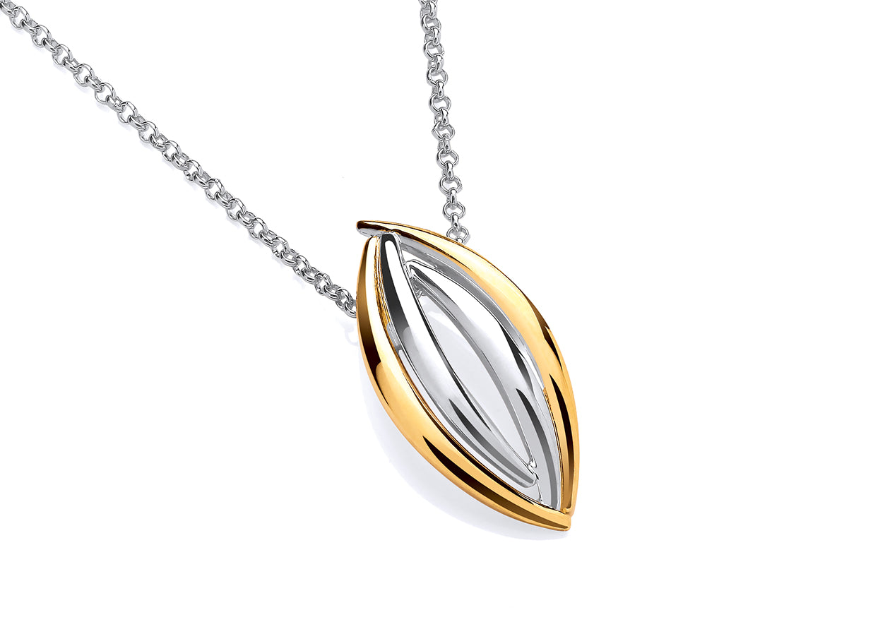 Silver & Yellow Gold Plated Double Bracket Open Leaf Shape Pendant on Chain